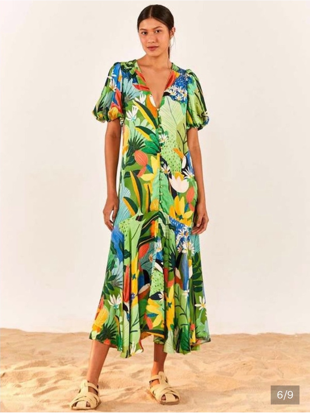 Tropical Print V-Neck Maxi Dress In Green